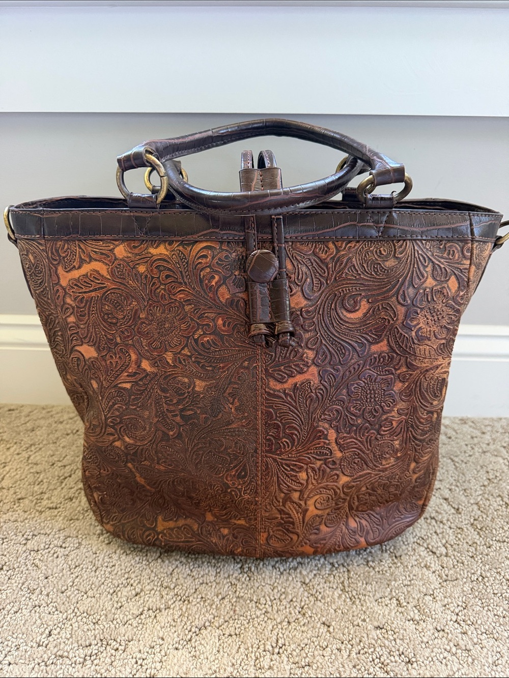 Western Style Hand Tooled Leather Tote Bag Brown Floral Artisan Purse
